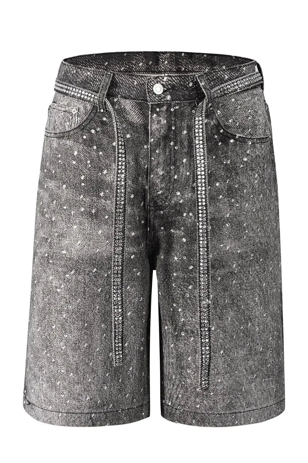 Men’s Washed Rhinestone Denim Bermuda Shorts - Streetwear Sparkle Fit - Dark - Image 5