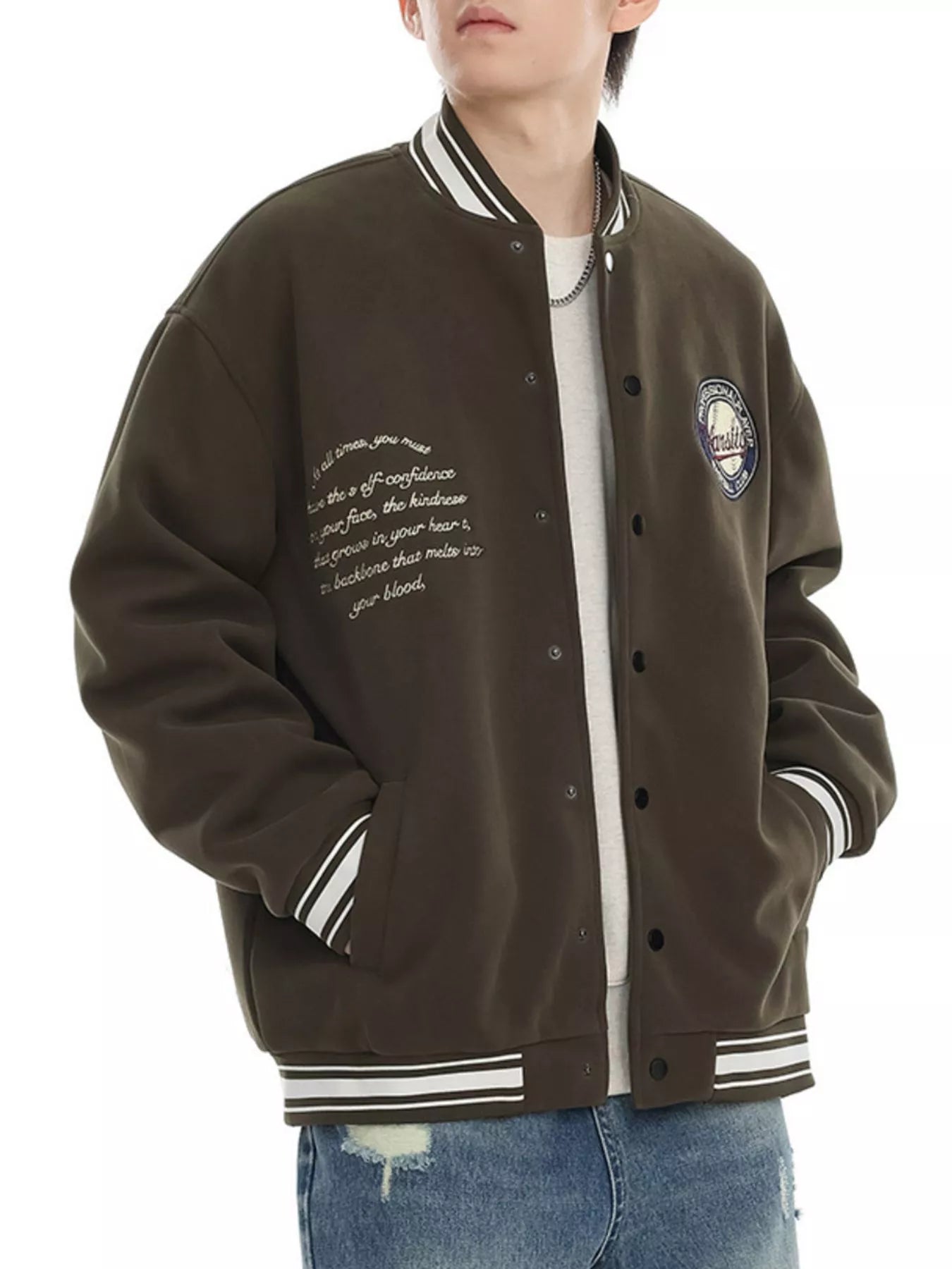 Snap Down College Varsity Jacket – Melange Gray – close-up detail