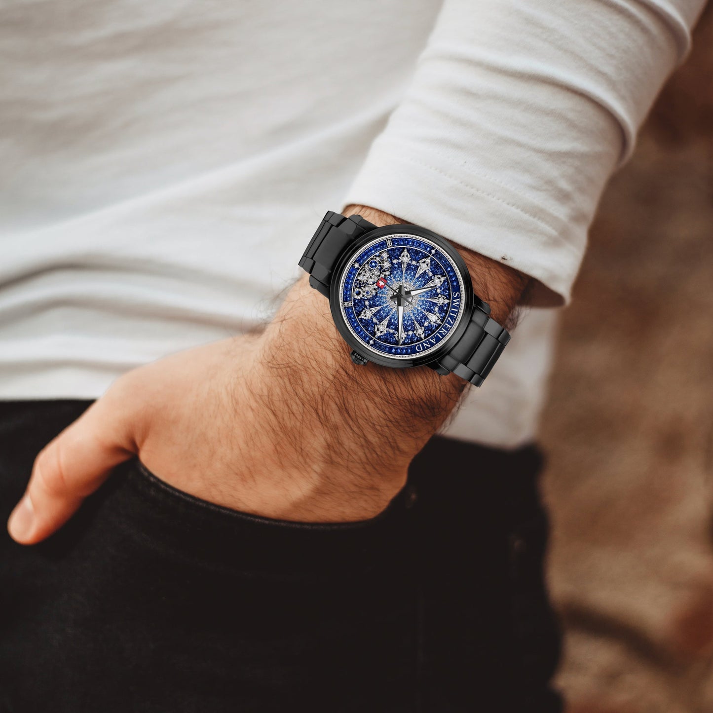 Jaycoh™ Swiss Watchmaking Heritage Switzerland Incrusted Blue Sapphires + Diamond Turbilon 212. New Steel Strap Automatic Watch | Print-on-Demand Custom Watch - product photo | print on demand watch print custom watch