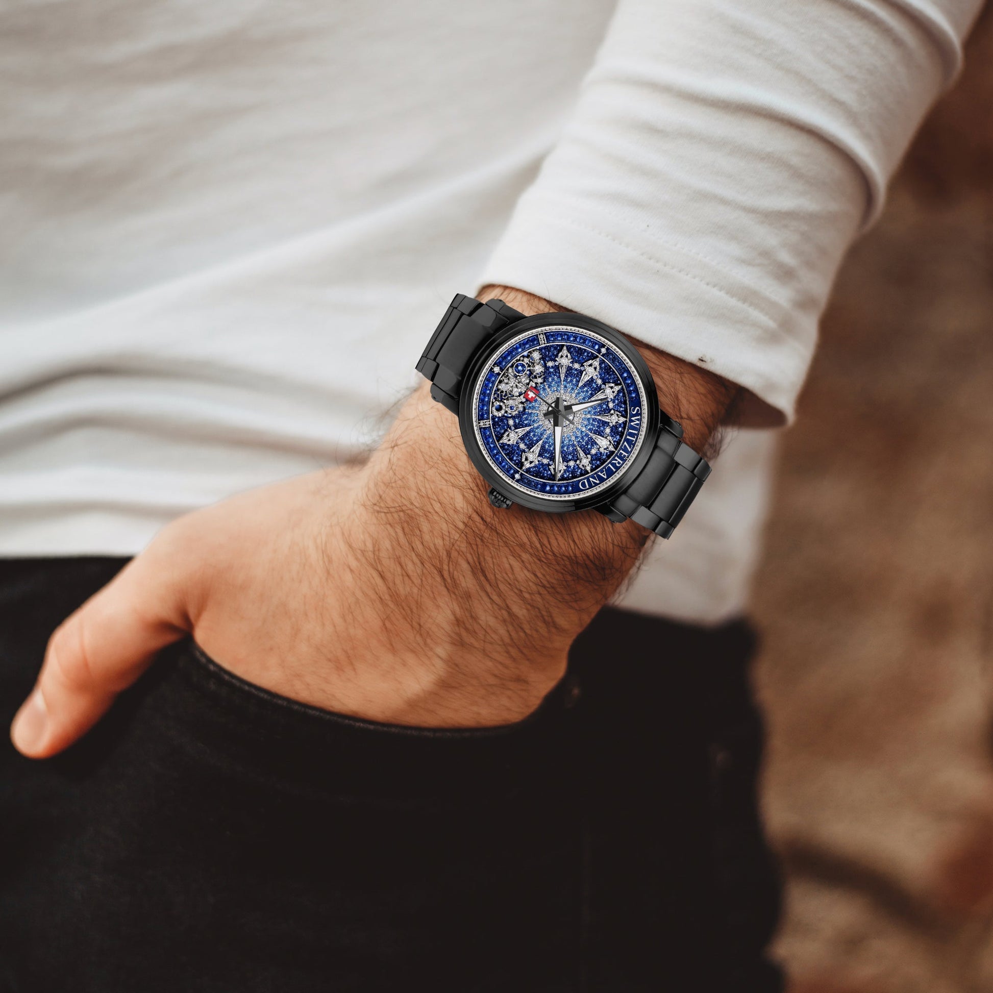 Jaycoh™ Swiss Watchmaking Heritage Switzerland Incrusted Blue Sapphires + Diamond Turbilon 212. New Steel Strap Automatic Watch | Print-on-Demand Custom Watch - product photo | print on demand watch print custom watch