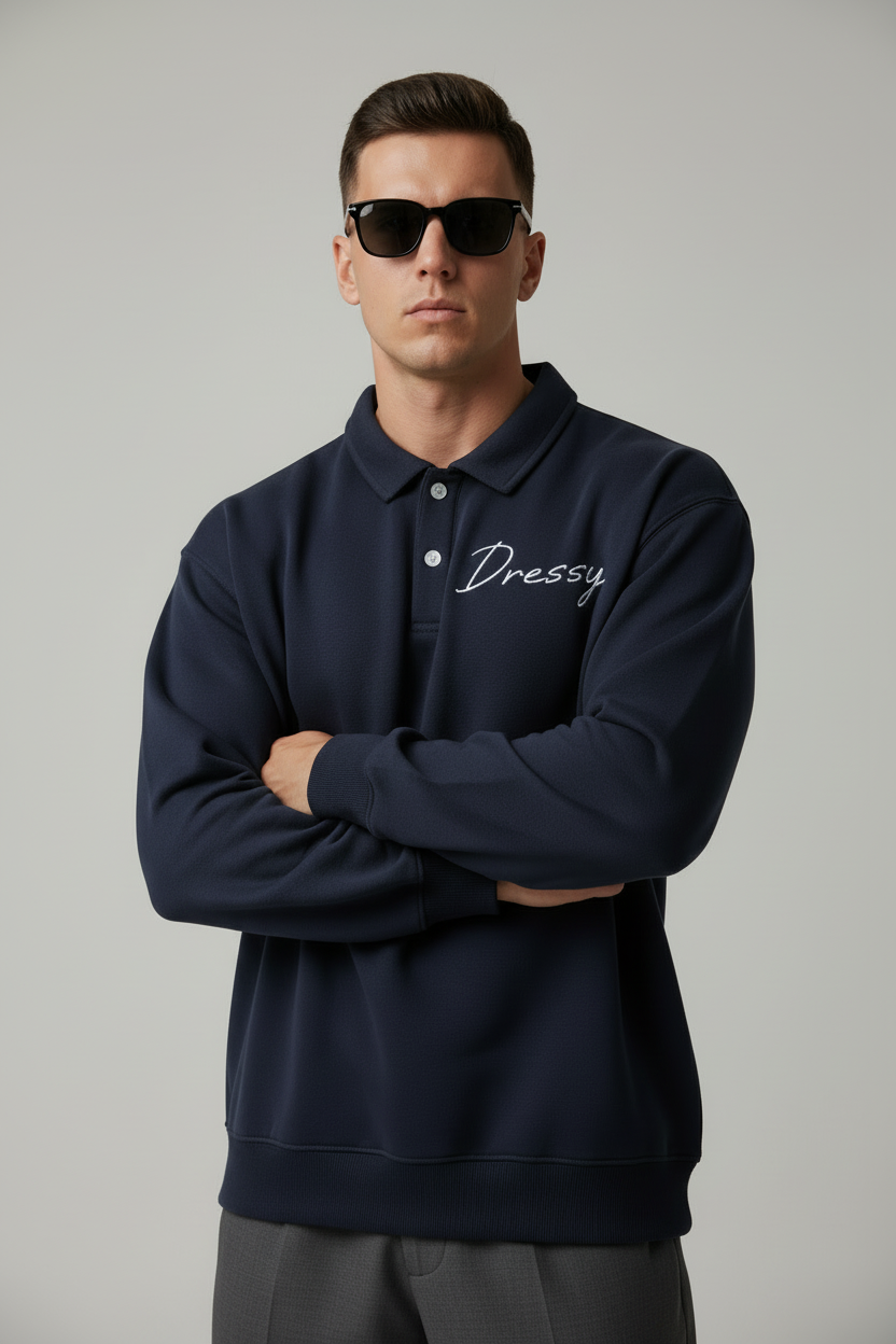 Dressy Mens Heavyweight Polo-Collar Casual Sweatshirt - Dark Blue - product image