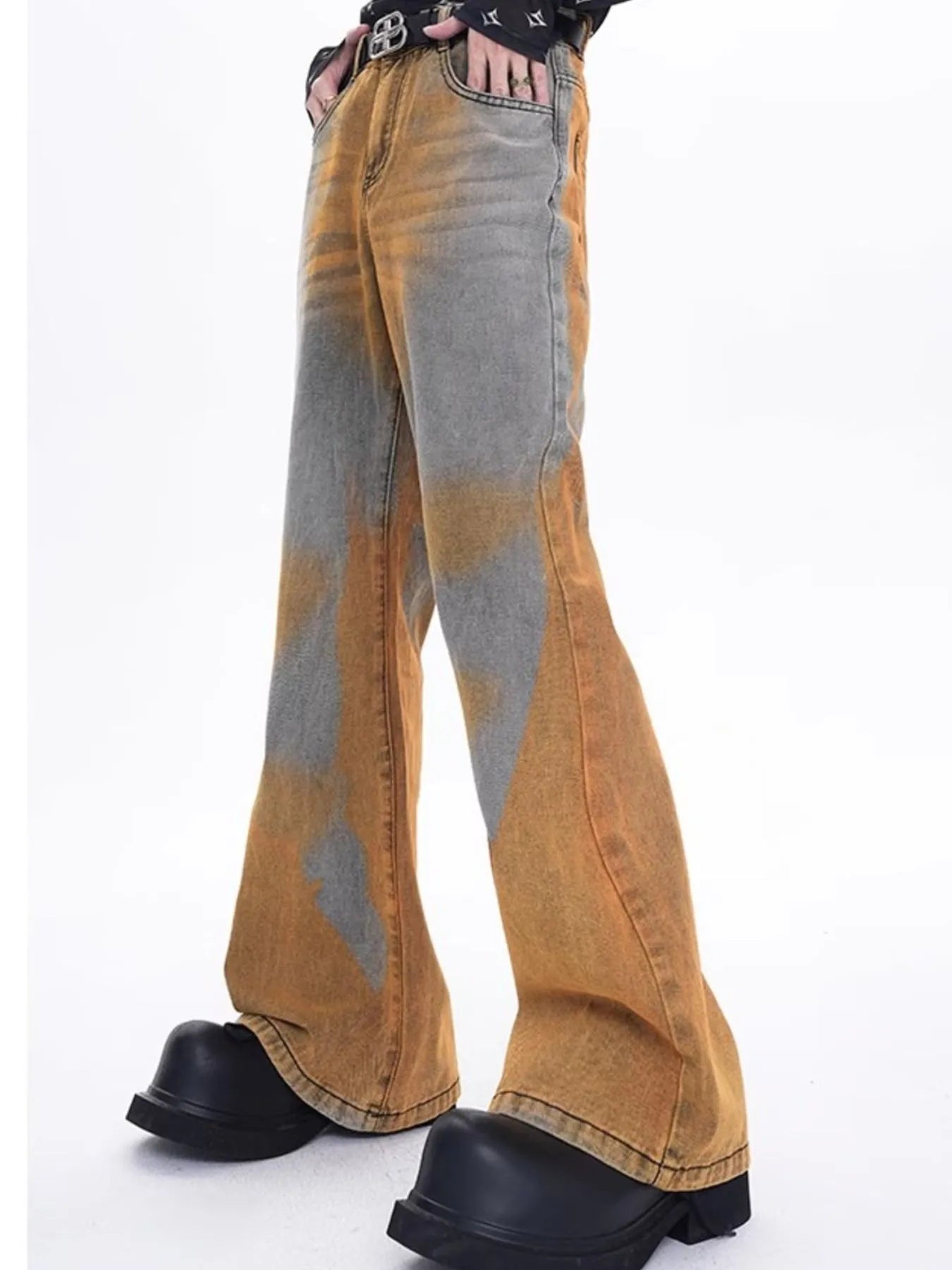 1284 Men's Plus Size Contrast Wide Leg Flare Jeans – men's flare jeans (Y2K) (side view)