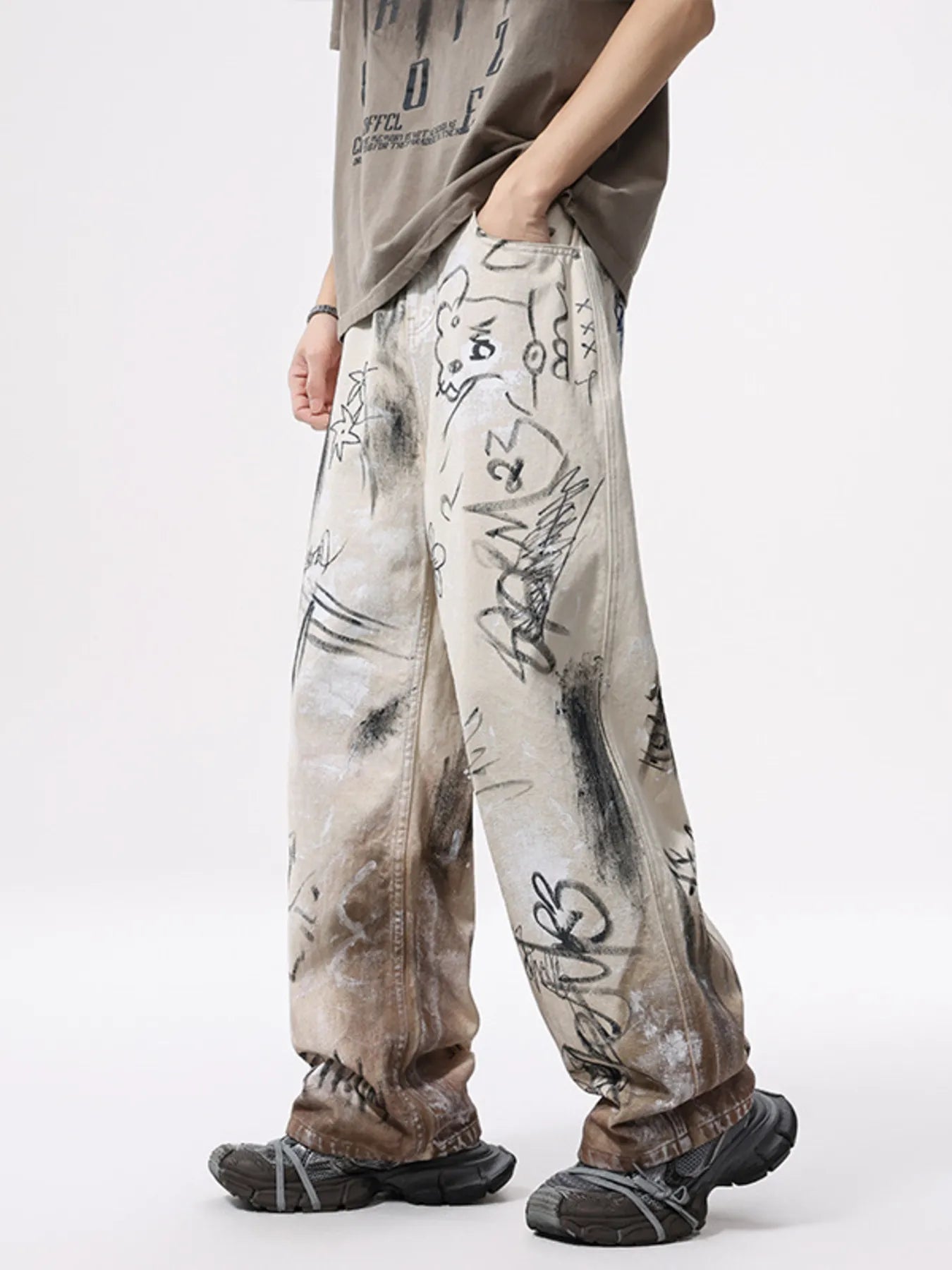 1262 Men's Graffiti Print Wide Leg Jeans – men's graphic jeans (front view)