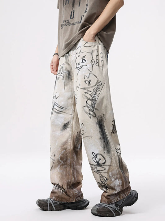 1262 Men's Graffiti Print Wide Leg Jeans – men's graphic jeans (front view)
