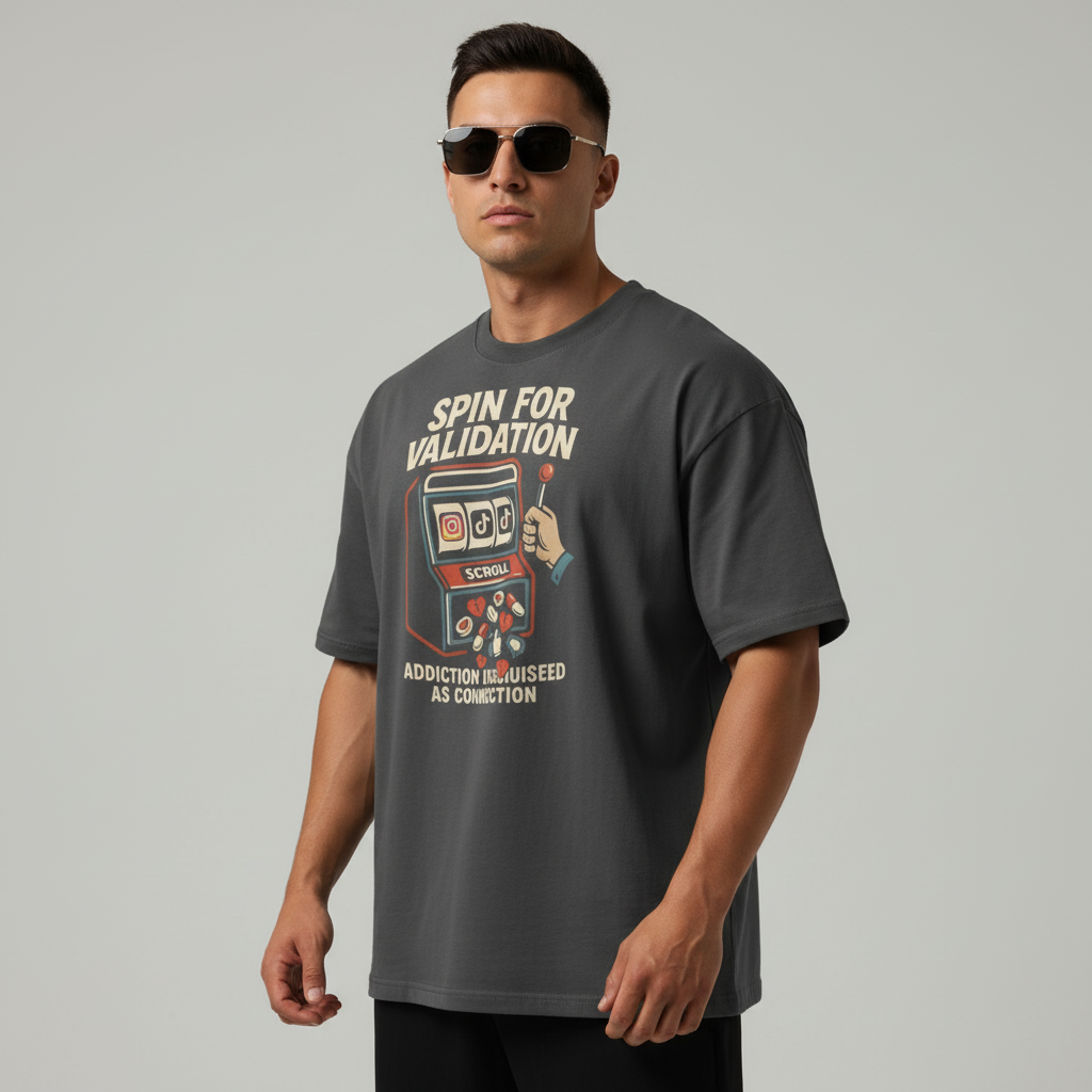 Spin for Validation Oversized Graphic Tee – Social Media Addiction Streetwear Shirt - Luis’s Locker