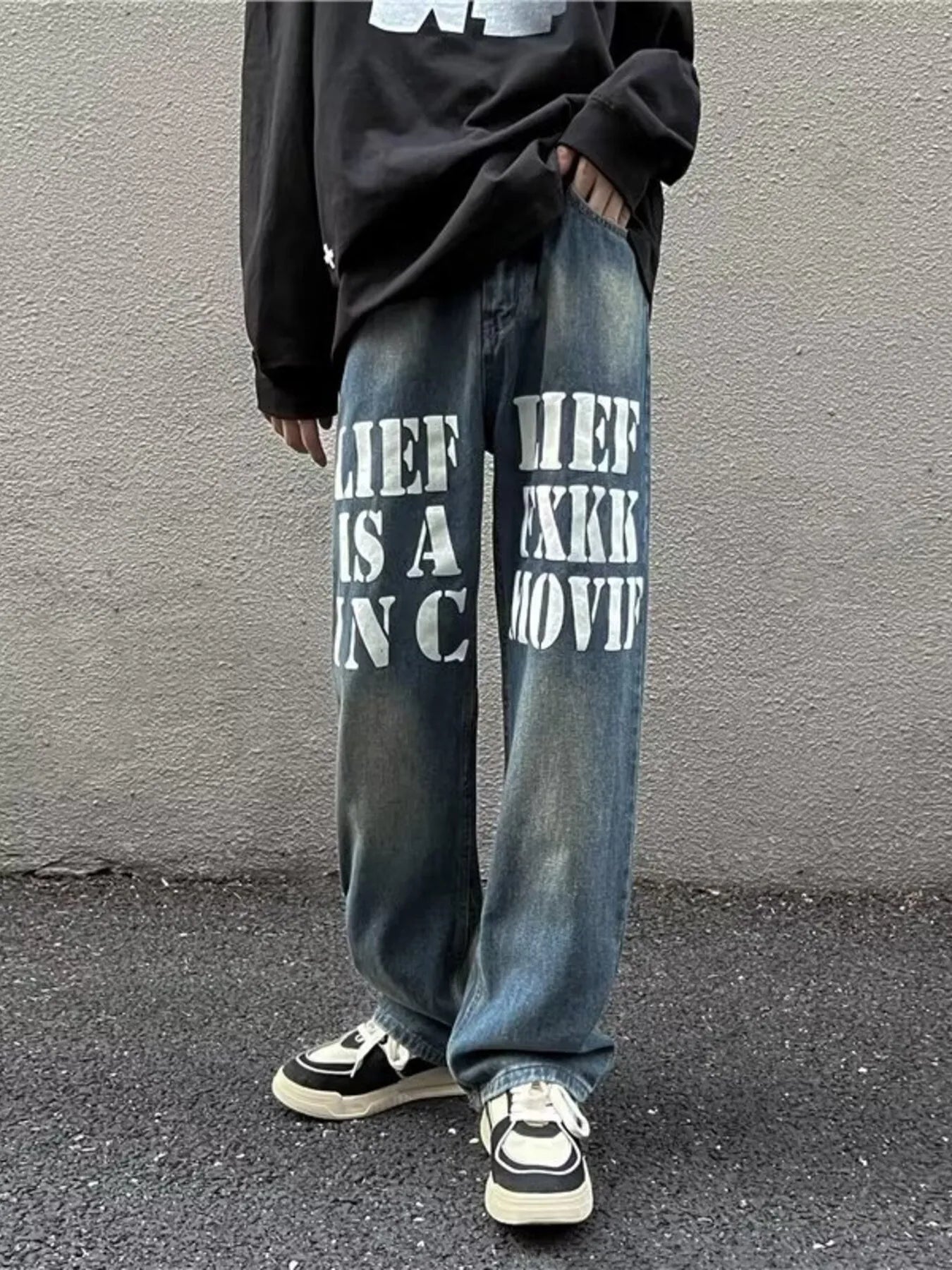 1268 Men's Full Size Letter Graphic Wide Leg Jeans Plus Size – men's graphic jeans (front view)
