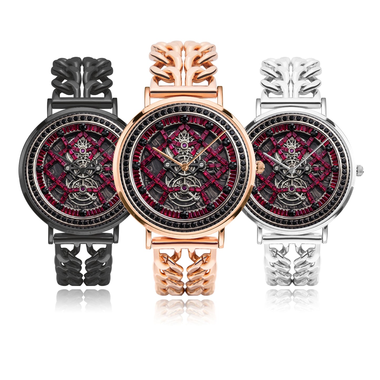 Jaycoh™ Black + Red Incrusted Rubys 736. Hollow Out Strap Quartz Watch | Print-on-Demand Custom Watch - side view | print on demand watch print custom watch