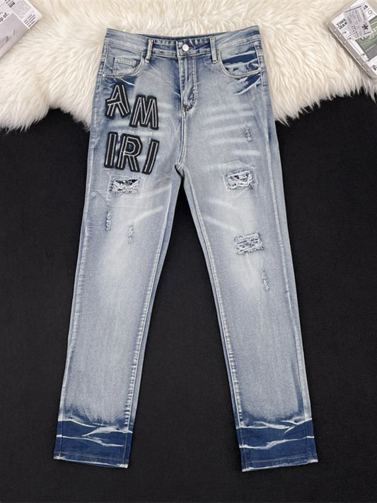 1274 Men's Full Size Distressed Letter Print Skinny Jeans Plus Size – men's graphic jeans (main view)