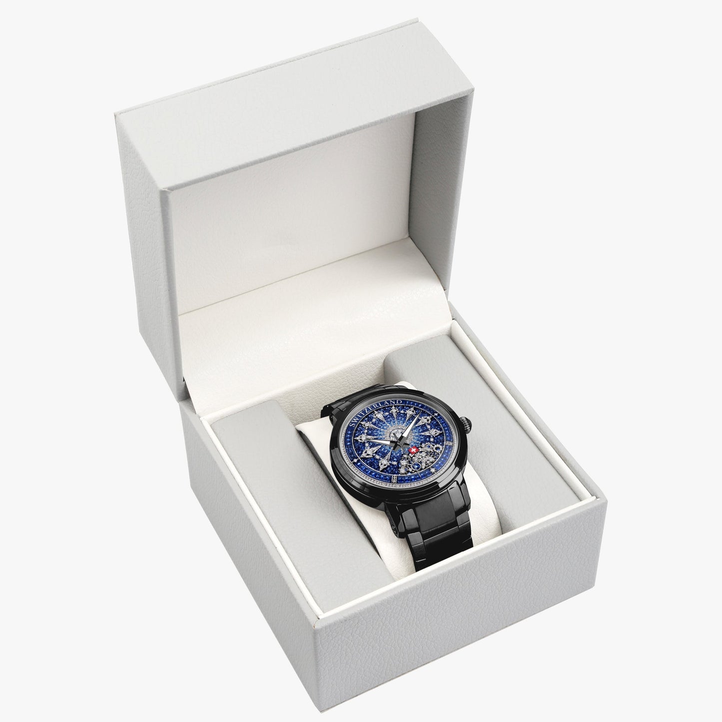 Jaycoh™ Swiss Watchmaking Heritage Switzerland Incrusted Blue Sapphires + Diamond Turbilon 212. New Steel Strap Automatic Watch | Print-on-Demand Custom Watch - product photo | print on demand watch print custom watch