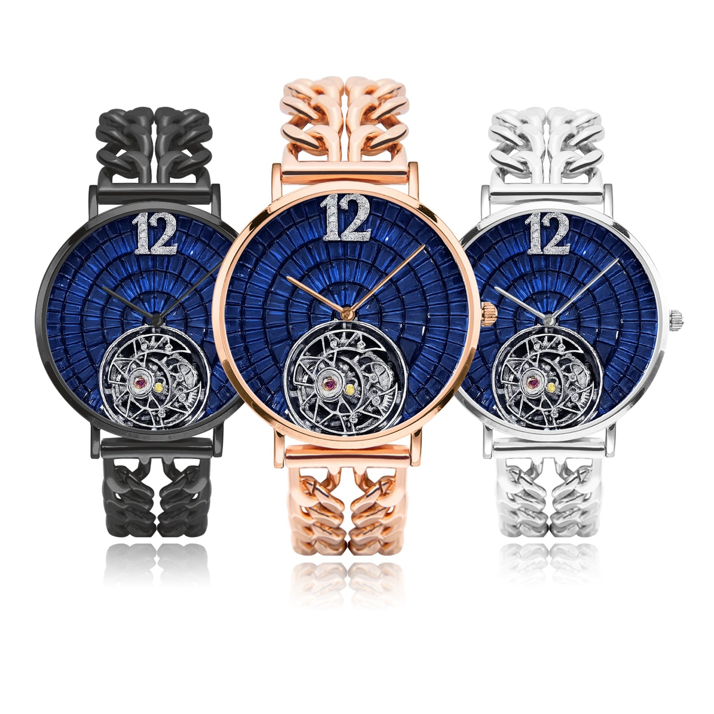 Jaycoh™ Caviar Turbilon Incrusted Blue Shappires 736. Hollow Out Strap Quartz Watch | Print-on-Demand Custom Watch - product photo | print on demand watch print custom watch