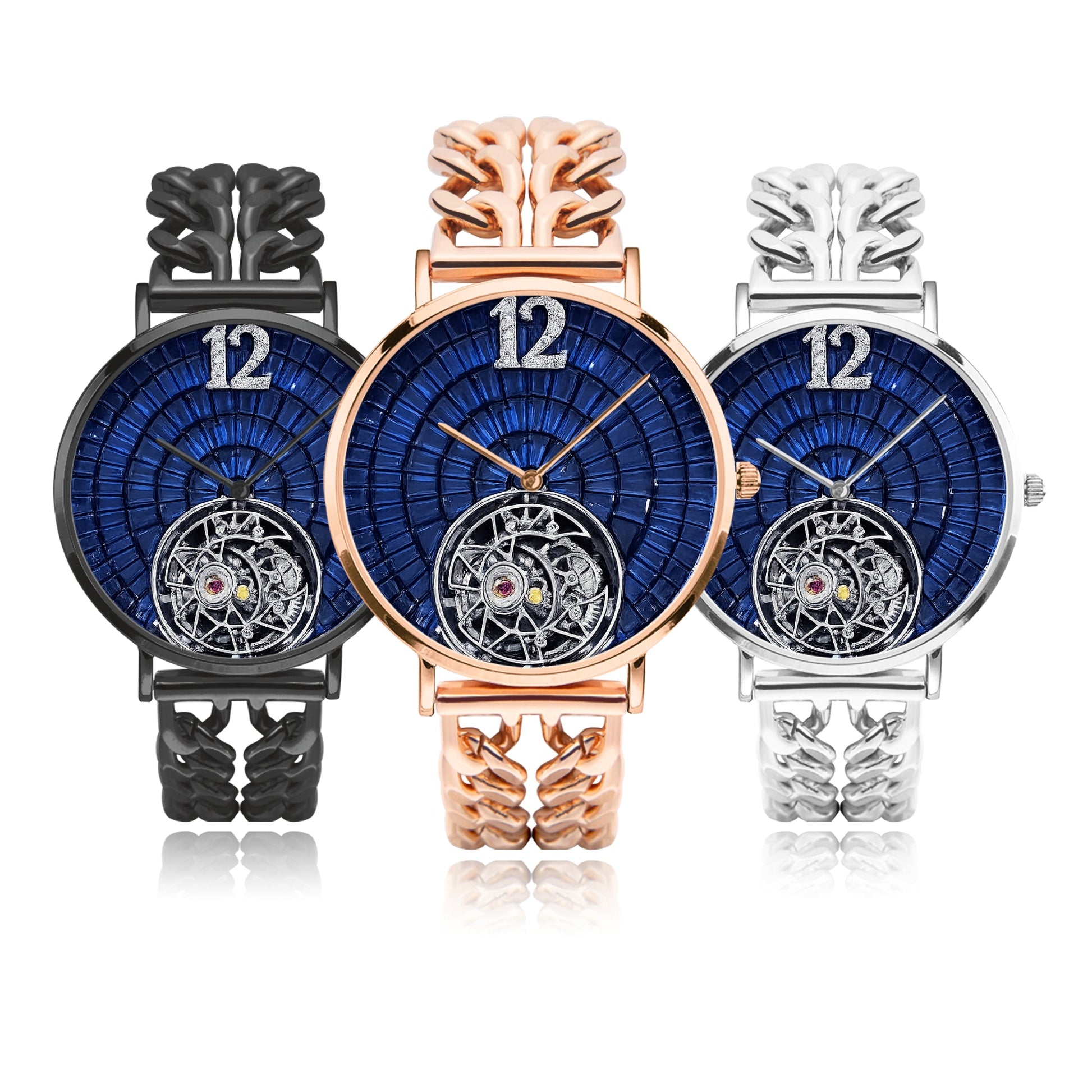 Jaycoh™ Caviar Turbilon Incrusted Blue Shappires 736. Hollow Out Strap Quartz Watch | Print-on-Demand Custom Watch - product photo | print on demand watch print custom watch