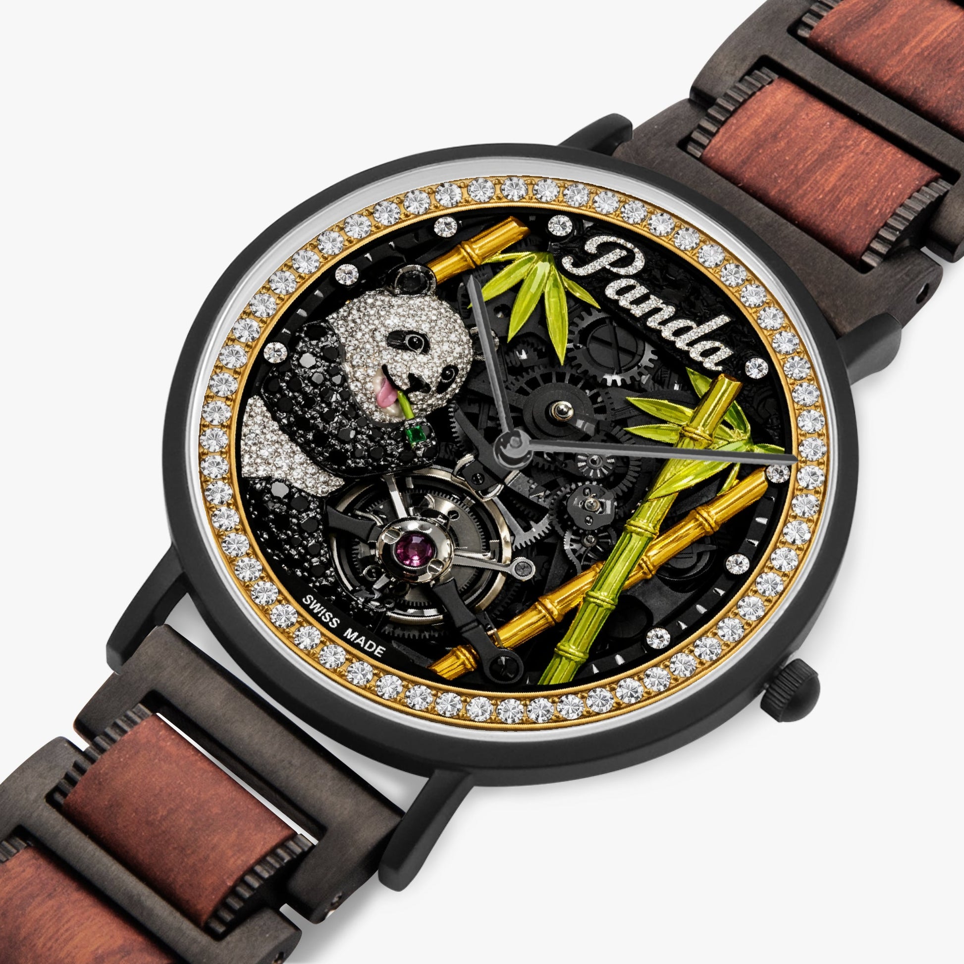 Jaycoh™ Bamboo Panda Turbilon 738. New wooden Strap Quartz RM Watch | Print-on-Demand Custom Watch - angled view | print on demand watch print custom watch