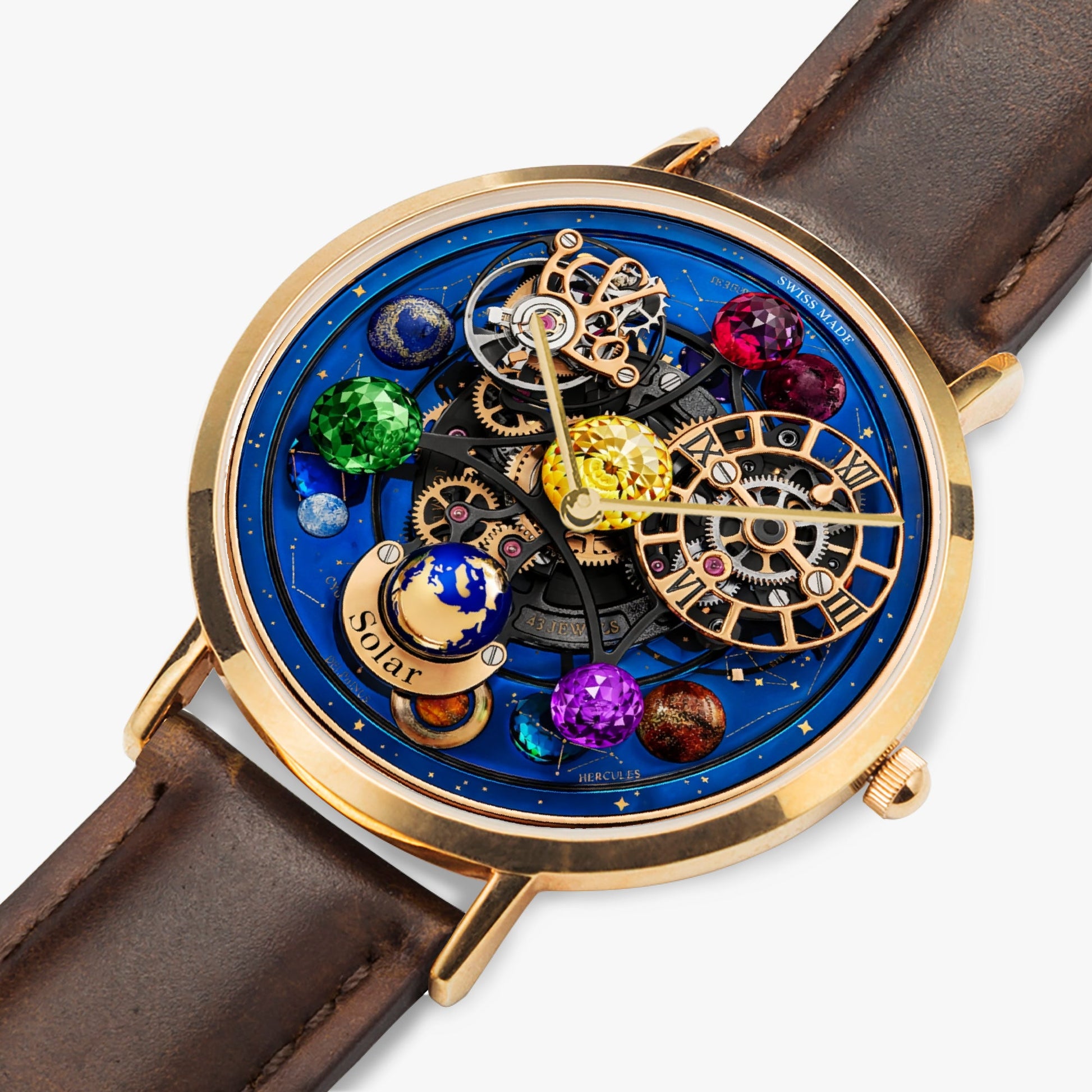 Jaycoh™ Astronomy Solar Turbilon 161. Ultra-Thin Leather Strap Quartz Watch (Rose Gold) | Print-on-Demand Custom Watch - close-up detail | print on demand watch print custom watch