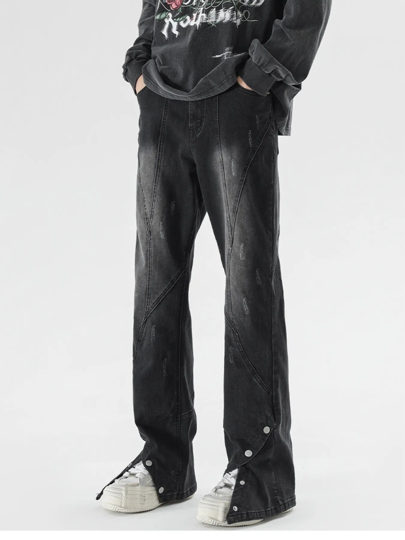 1299 Men's Plus Size Washed Flare Jeans with Snap-Down Hem – men's flare jeans (Y2K) (front view)