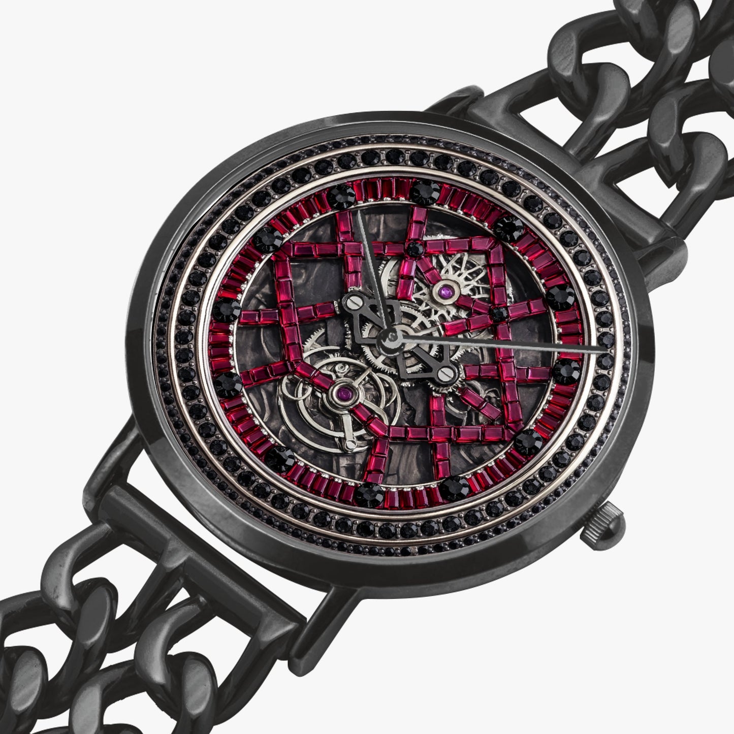Jaycoh™ Black + Red Incrusted Rubys 736. Hollow Out Strap Quartz Watch | Print-on-Demand Custom Watch - angled view | print on demand watch print custom watch