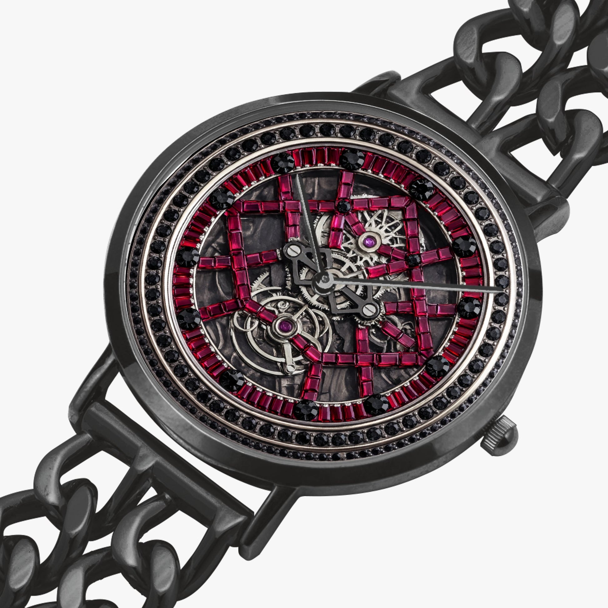 Jaycoh™ Black + Red Incrusted Rubys 736. Hollow Out Strap Quartz Watch | Print-on-Demand Custom Watch - angled view | print on demand watch print custom watch