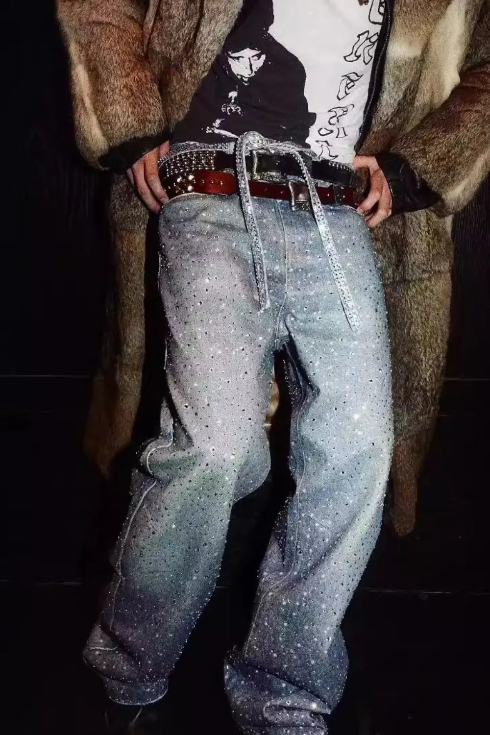 Midnight Drip Rhinestone Belt Jeans - Dark - Image 4