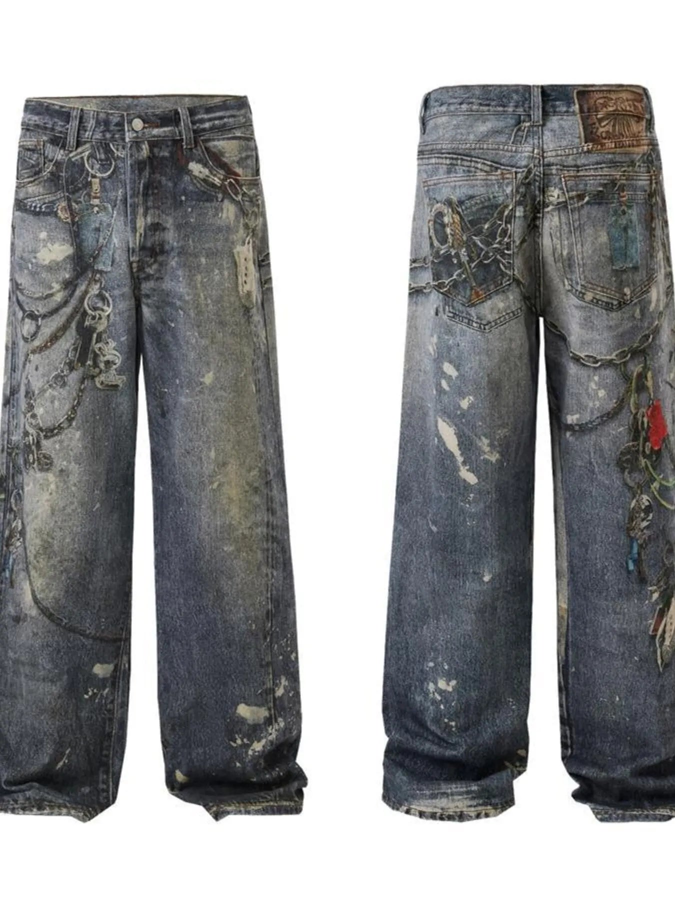 1275 Men's Distressed Printed Wide Leg Jeans – men's graphic jeans (back view)