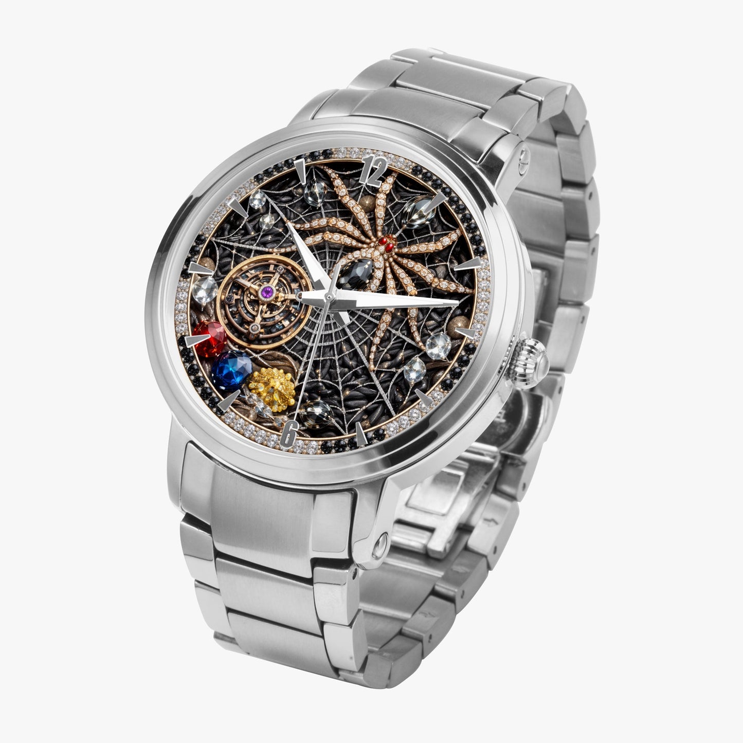 Jaycoh™ Spyder Web Assorted Incrusted Diamonds 213. New Steel Strap Automatic Watch (With Indicators) | Print-on-Demand Custom Watch - product photo | print on demand watch print custom watch