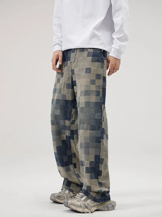 1258 Men's Full Size Pixelated Print Loose Fit Jeans Plus Size – men's graphic jeans (main view)