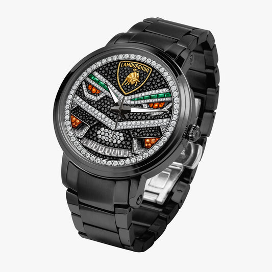 Jaycoh™ Lambo Aventador Incrusted Diamonds 212. New Steel Strap Automatic Watch | Print-on-Demand Custom Watch - angled view | print on demand watch print custom watch