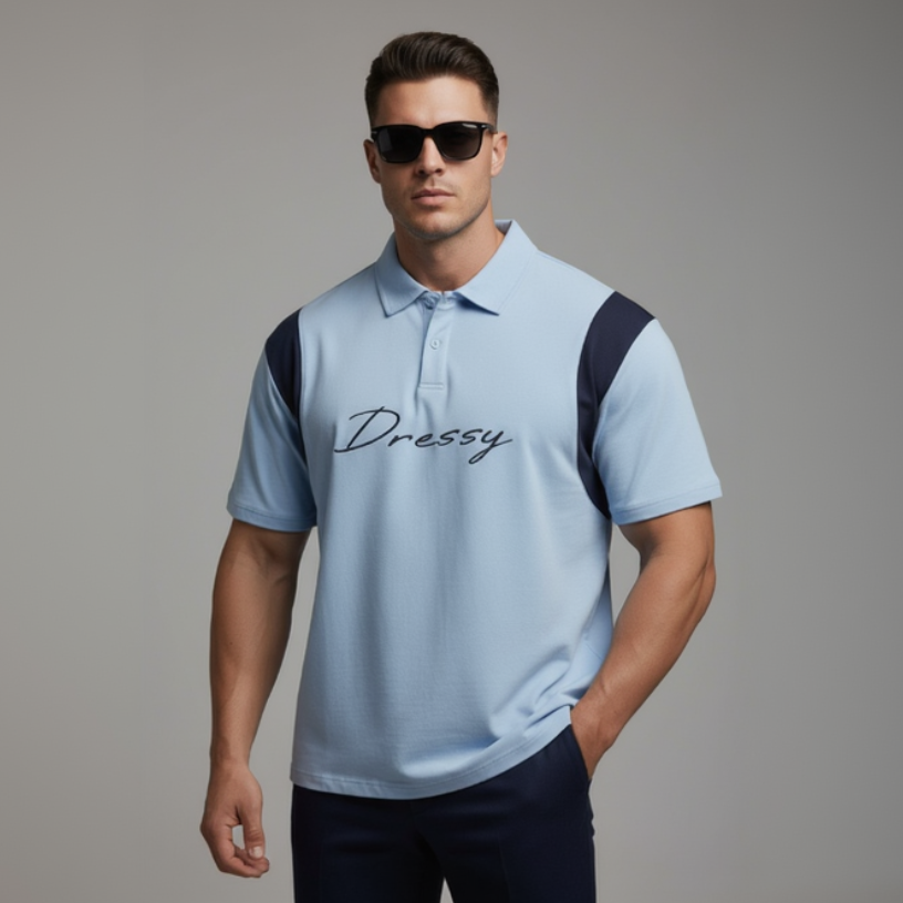 Casual Dressy Mens Polo Shirt - Light Blue with Navy Blue - main product image