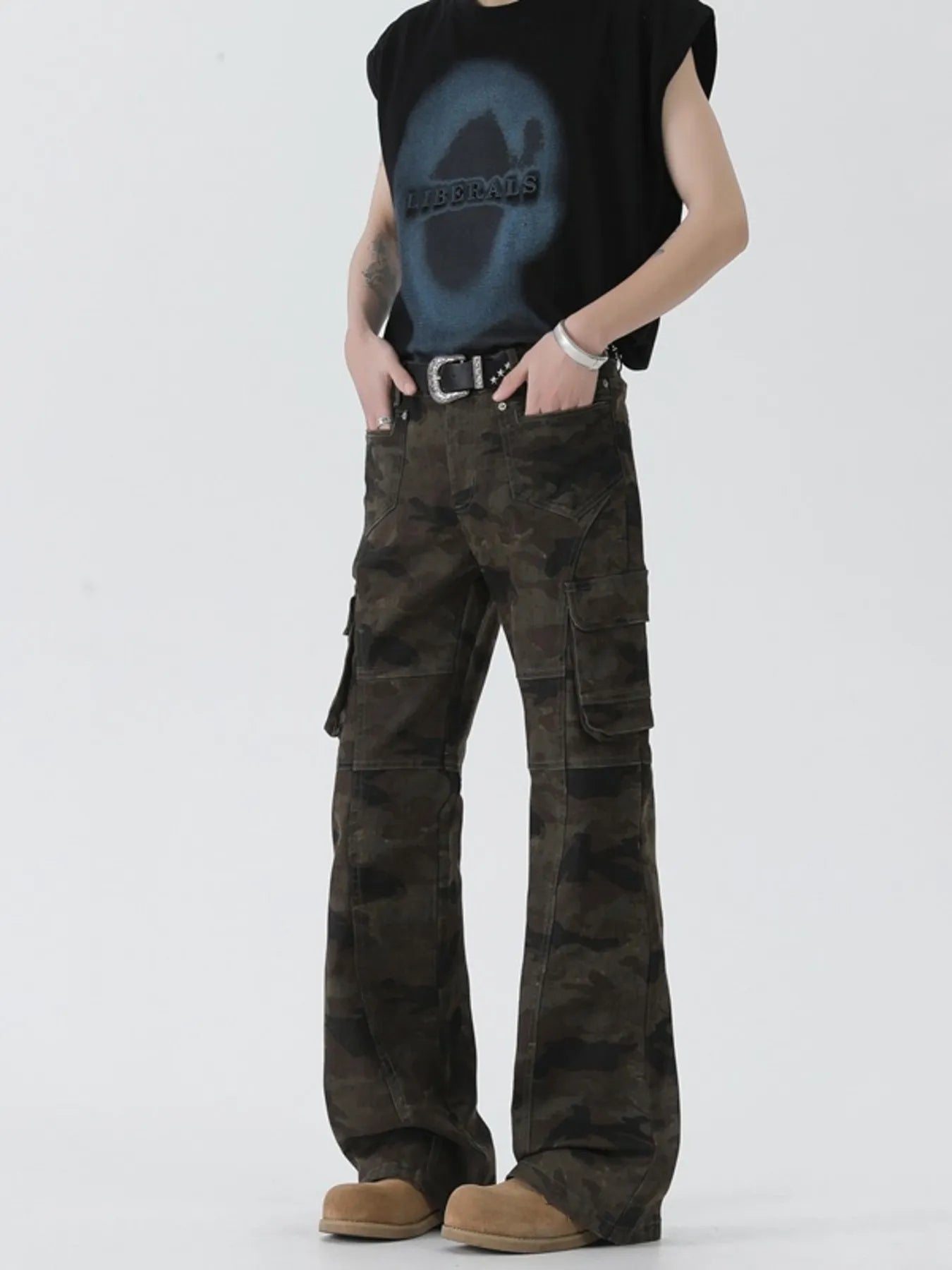 1301 Men's Camo Cargo Flare Jeans – men's flare jeans (Y2K) (front view)