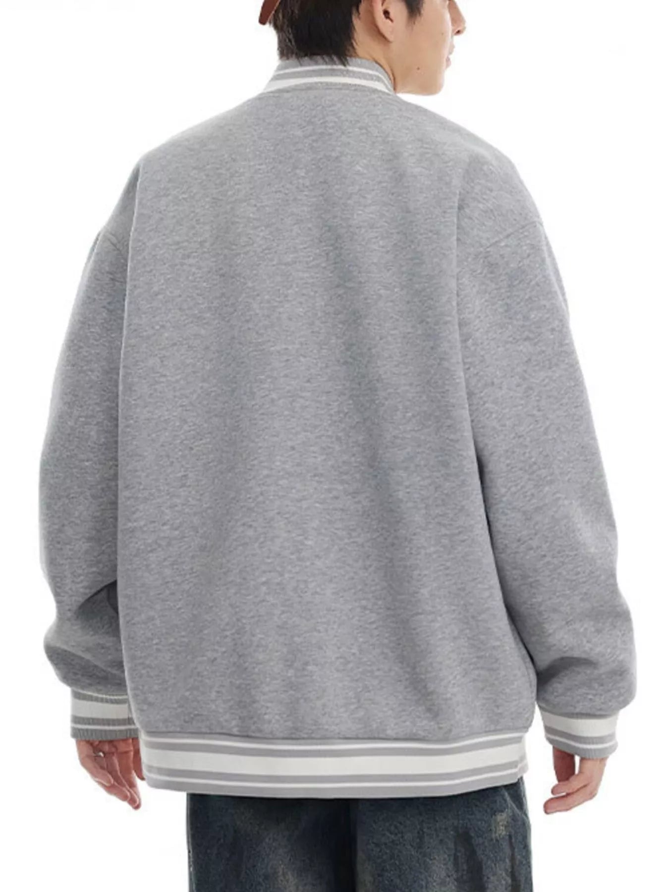 Snap Down College Varsity Jacket – Melange Gray – angled view