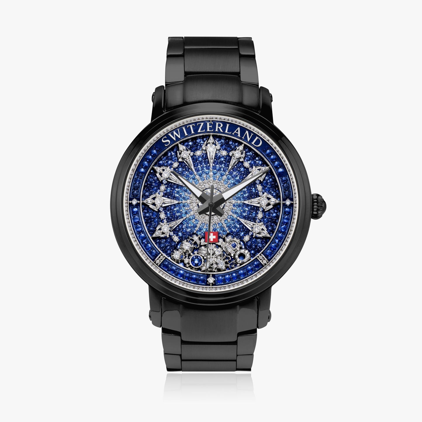 Jaycoh™ Swiss Watchmaking Heritage Switzerland Incrusted Blue Sapphires + Diamond Turbilon 212. New Steel Strap Automatic Watch | Print-on-Demand Custom Watch - product photo | print on demand watch print custom watch