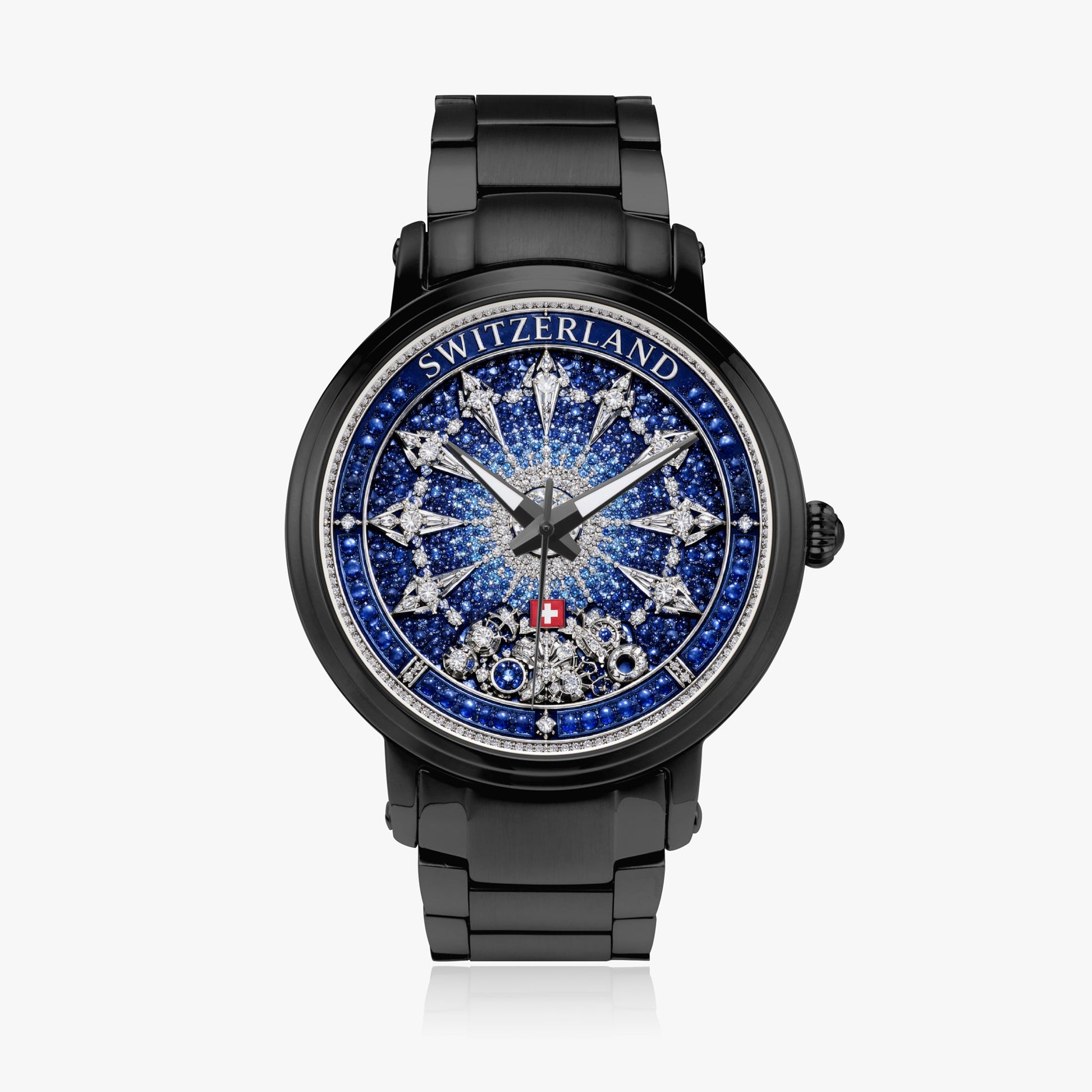 Jaycoh™ Swiss Watchmaking Heritage Switzerland Incrusted Blue Sapphires + Diamond Turbilon 212. New Steel Strap Automatic Watch | Print-on-Demand Custom Watch - product photo | print on demand watch print custom watch