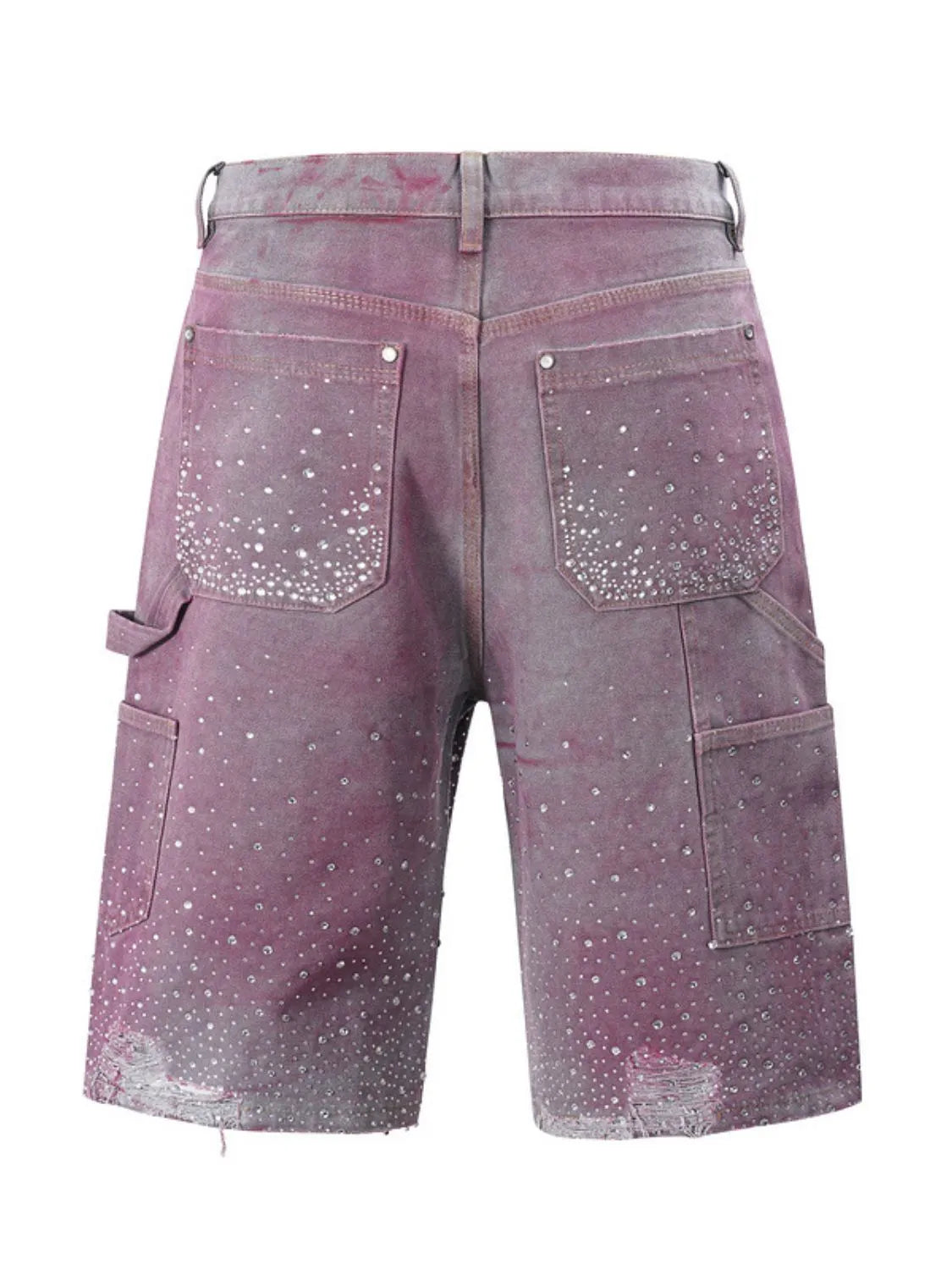 Men’s Rhinestone Cargo Denim Shorts - Sparkle Streetwear Shorts with Pockets - Fuchsia Pink - Image 5