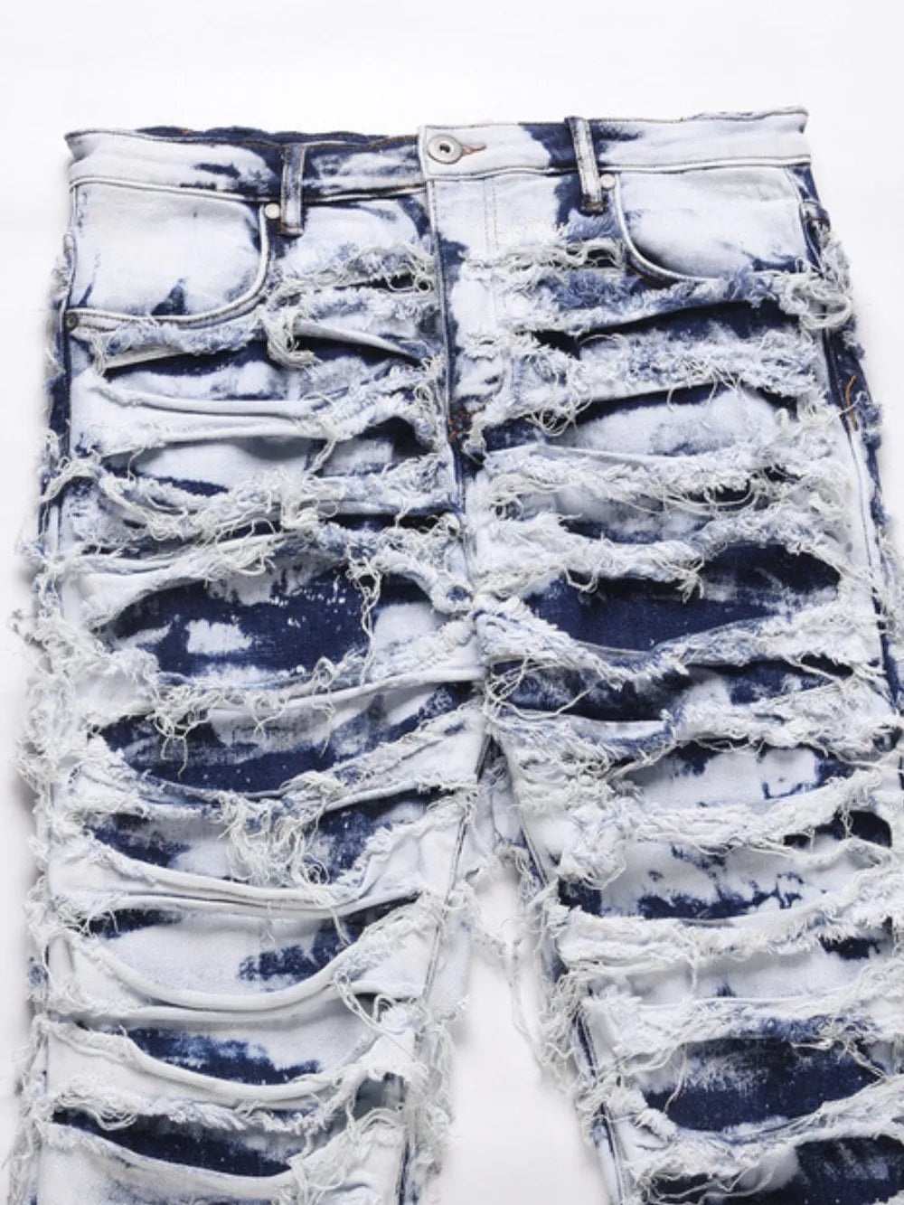 men’s stacked denim jeans with distressed panel detailing in medium