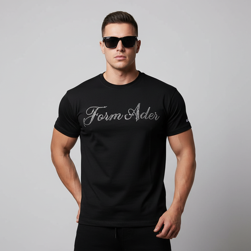 Men’s Diamond Script Rhinestone Streetwear T-Shirt - Black - Main image