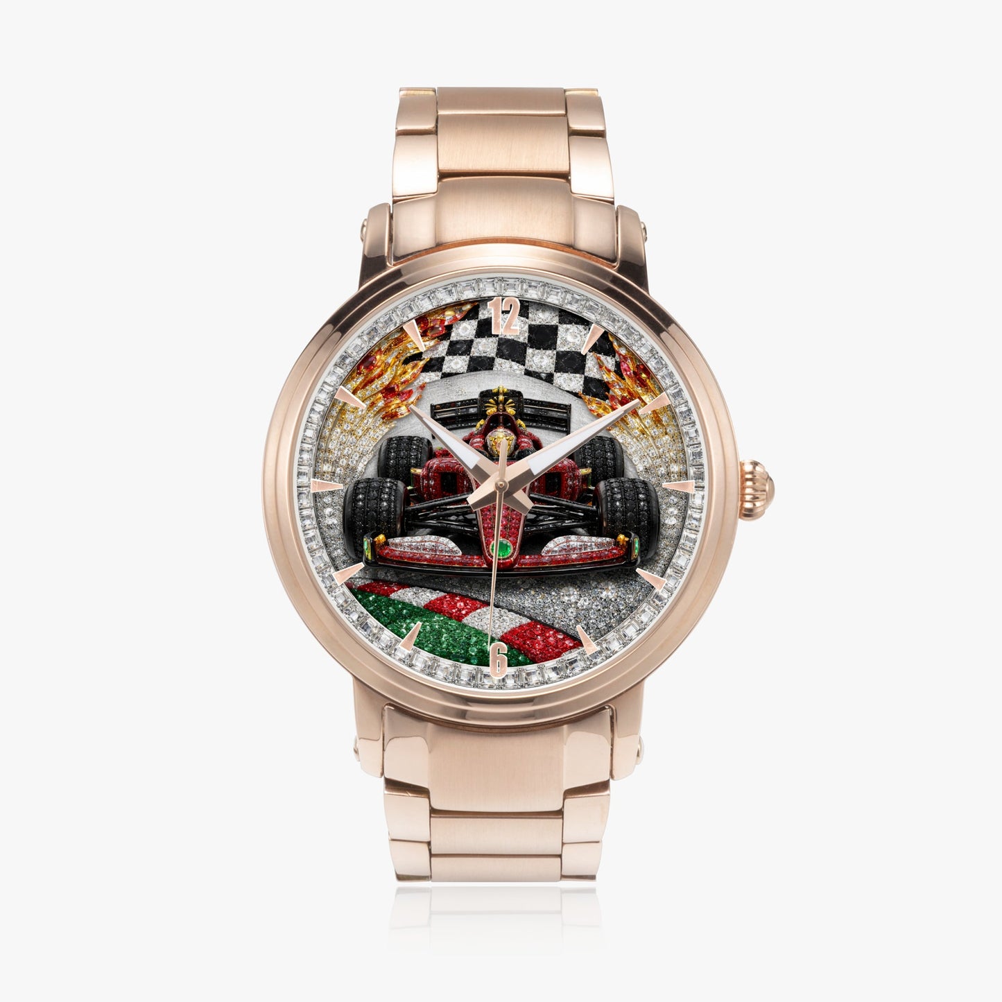 Jaycoh™ F1 Color Incrusted Diamonds 213. New Steel Strap Automatic Watch (With Indicators) | Print-on-Demand Custom Watch - wrist shot | print on demand watch print custom watch