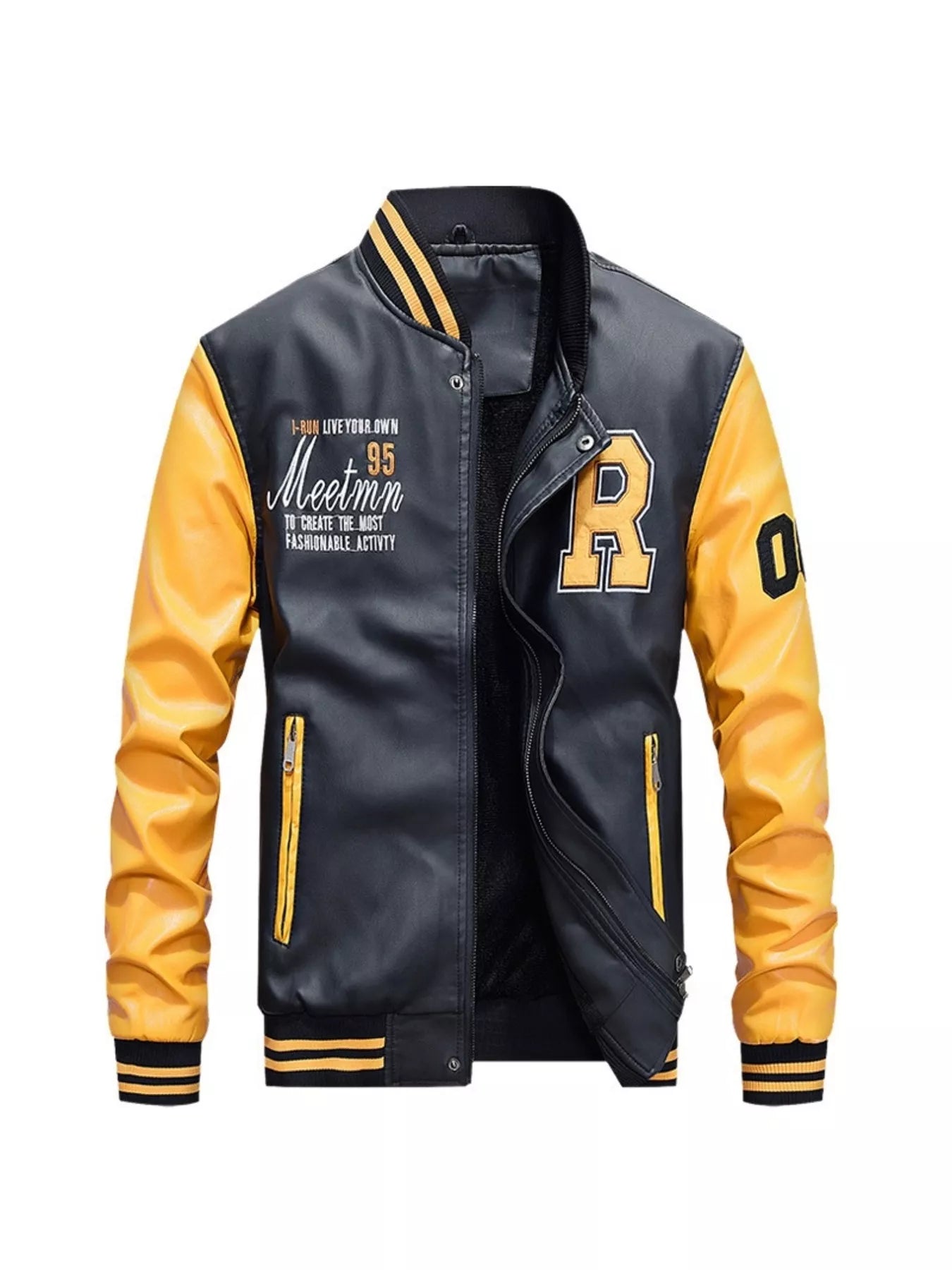 Custom Color Block Zip Up Leather Varsity Jacket – White – side view