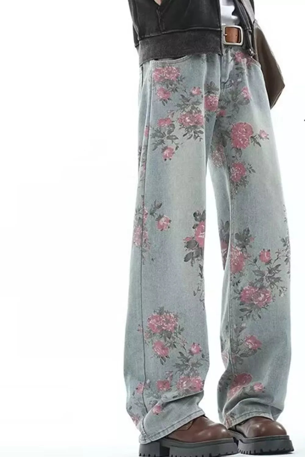 1273 Men's Full Size Floral Print Wide Leg Jeans Plus Size – men's graphic jeans (main view)