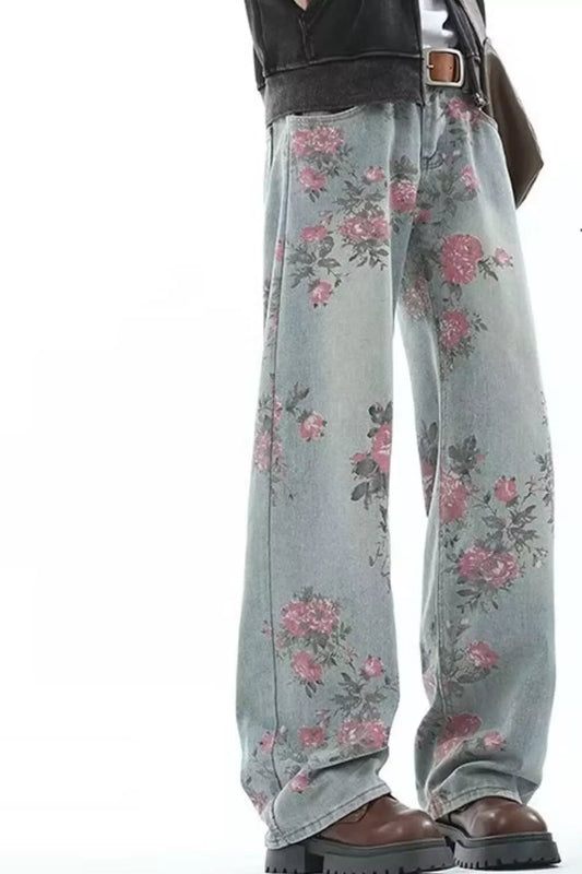 1273 Men's Full Size Floral Print Wide Leg Jeans Plus Size – men's graphic jeans (main view)