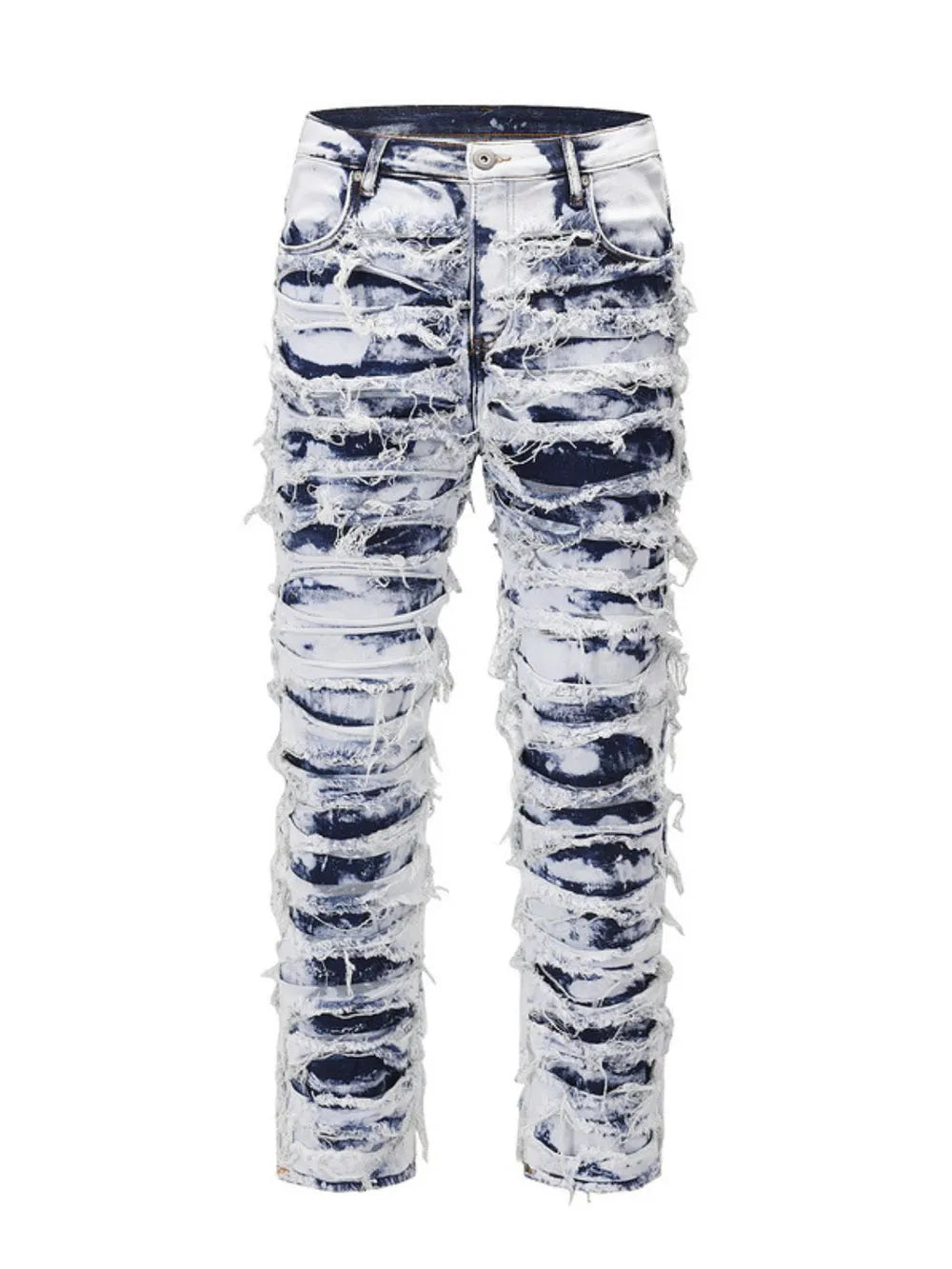 men’s stacked denim jeans with distressed panel detailing