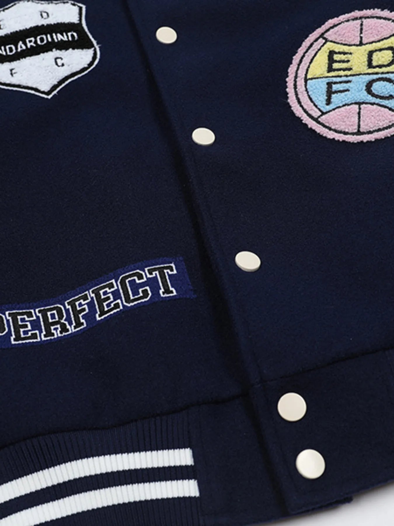 College Varsity Jacket with Patches (Royal Blue) – product view close