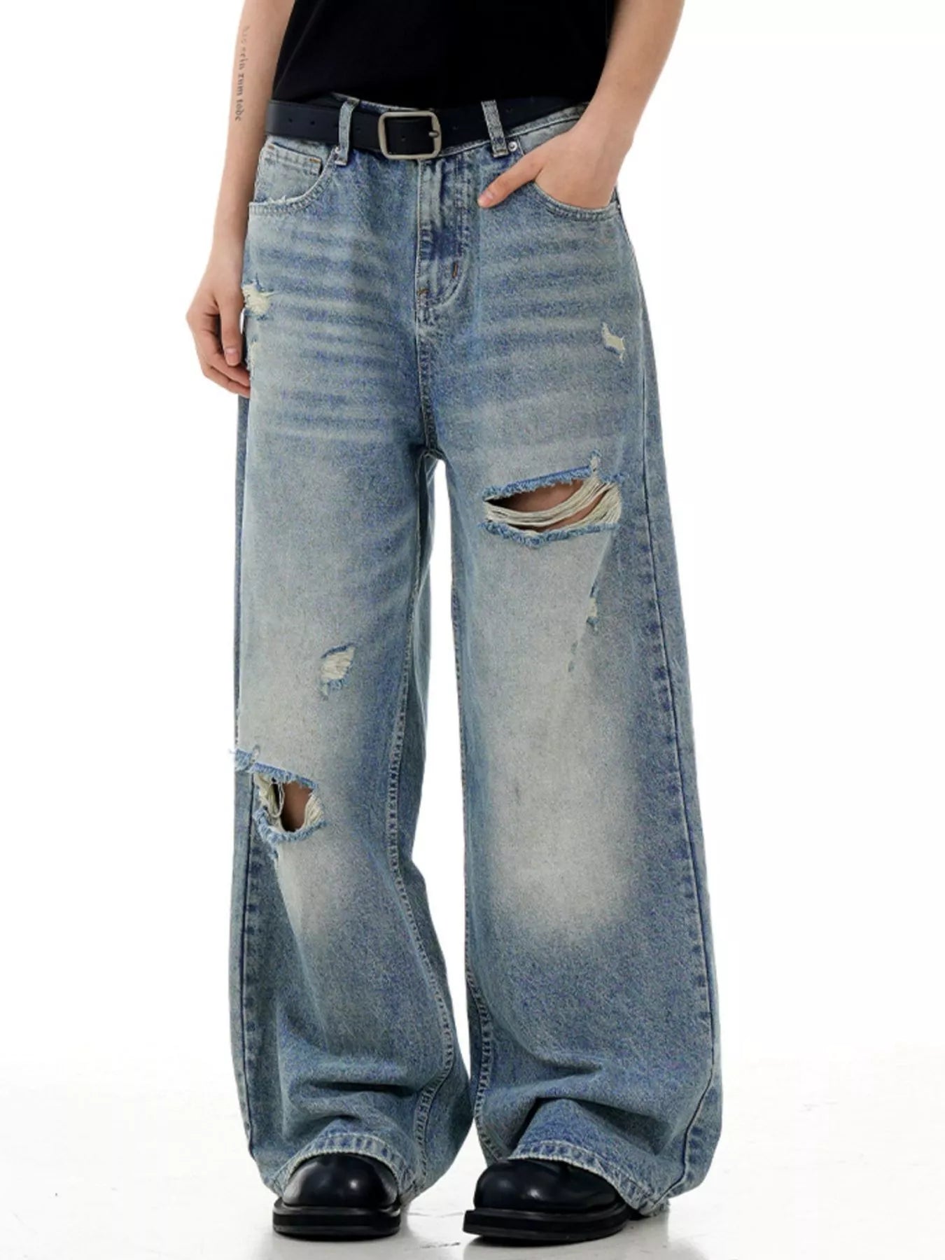 146 Men's Distressed Wide Leg Jeans – Men's wide leg jeans streetwear fit