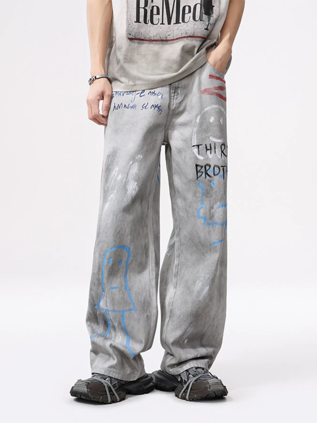 1271 Men's Distressed Graffiti Print Wide Leg Jeans – men's graphic jeans (main view)