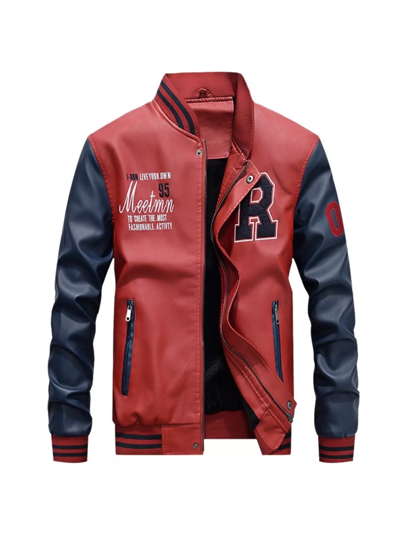 Custom Color Block Zip Up Leather Varsity Jacket – White – angled view