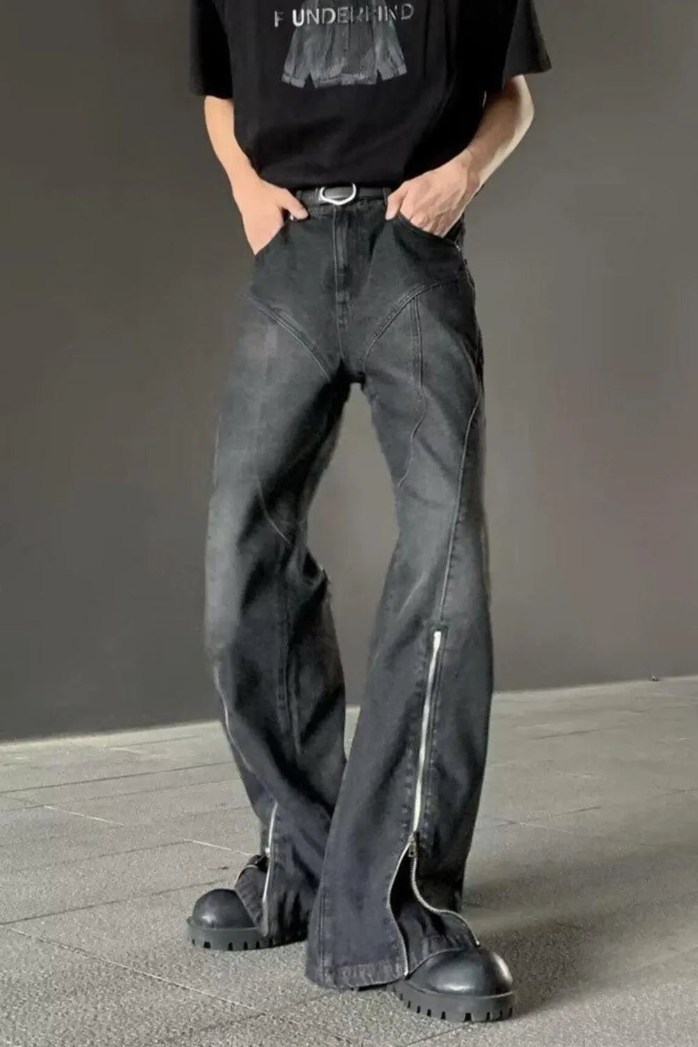 1297 Men's Plus Size Washed Flare Jeans with Zipper Detail – men's flare jeans (Y2K) (front view)