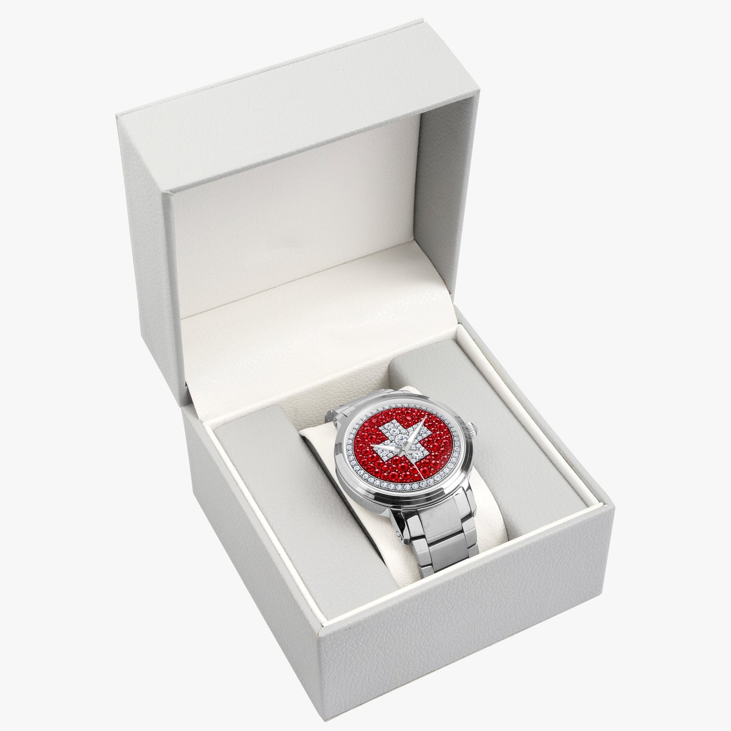Jaycoh™ Swiss Flag Incrusted Diamonds 212. New Steel Strap Automatic Watch | Print-on-Demand Custom Watch - wrist shot | print on demand watch print custom watch