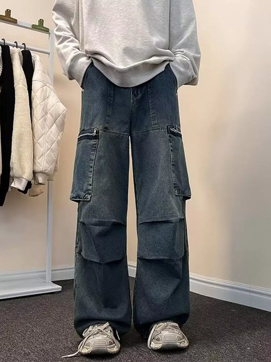 074 Men's Wide Leg Cargo Jeans – Men's wide leg jeans streetwear fit