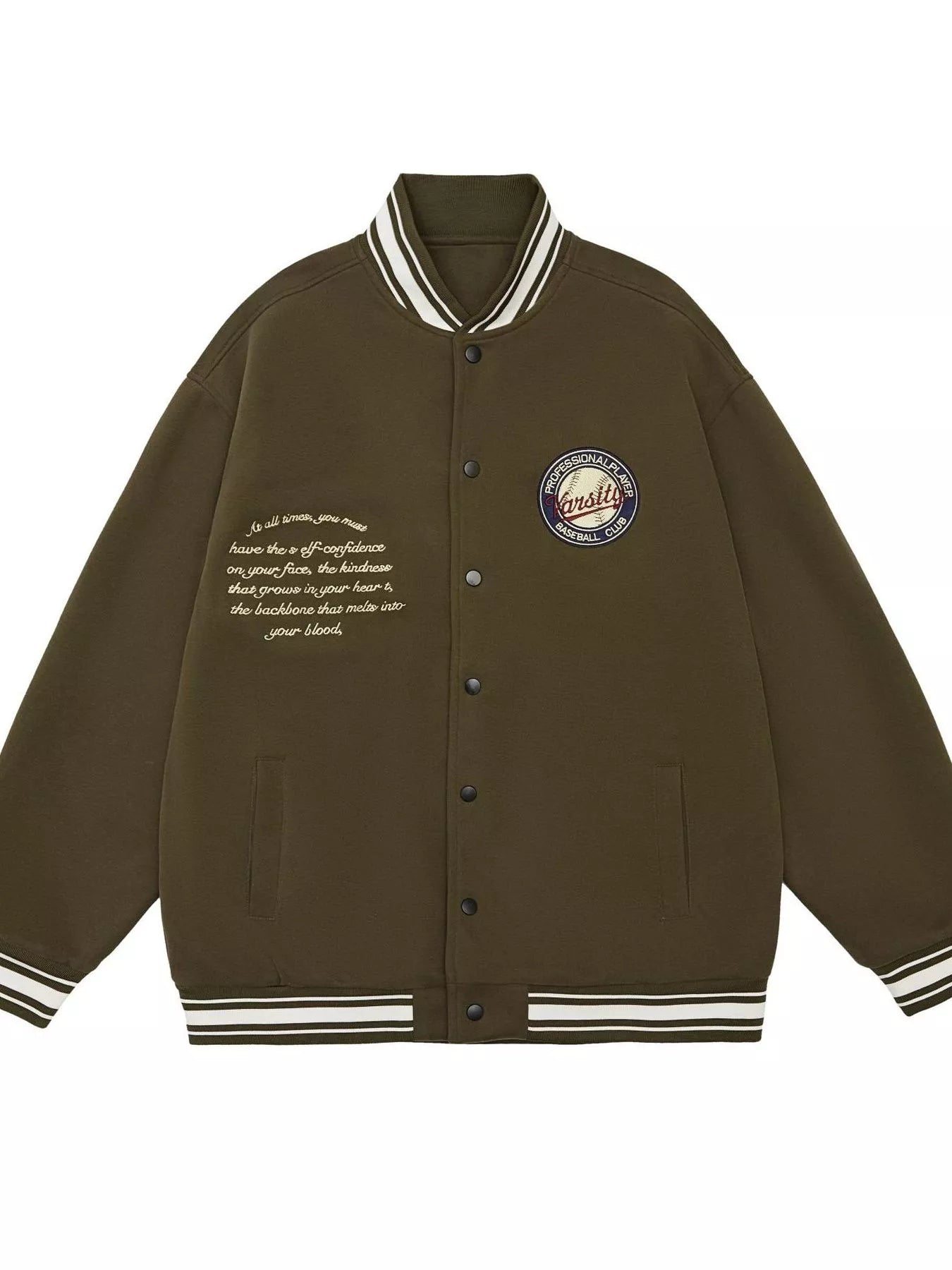 Snap Down College Varsity Jacket – Army Green – back model view