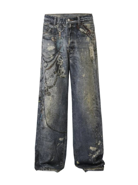 1275 Men's Distressed Printed Wide Leg Jeans – men's graphic jeans (main view)