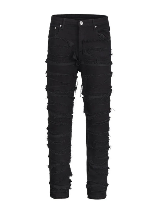 men’s stacked denim jeans with distressed panel detailing in black