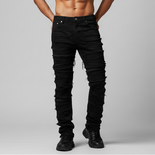 men’s stacked denim jeans with distressed panel detailing in black