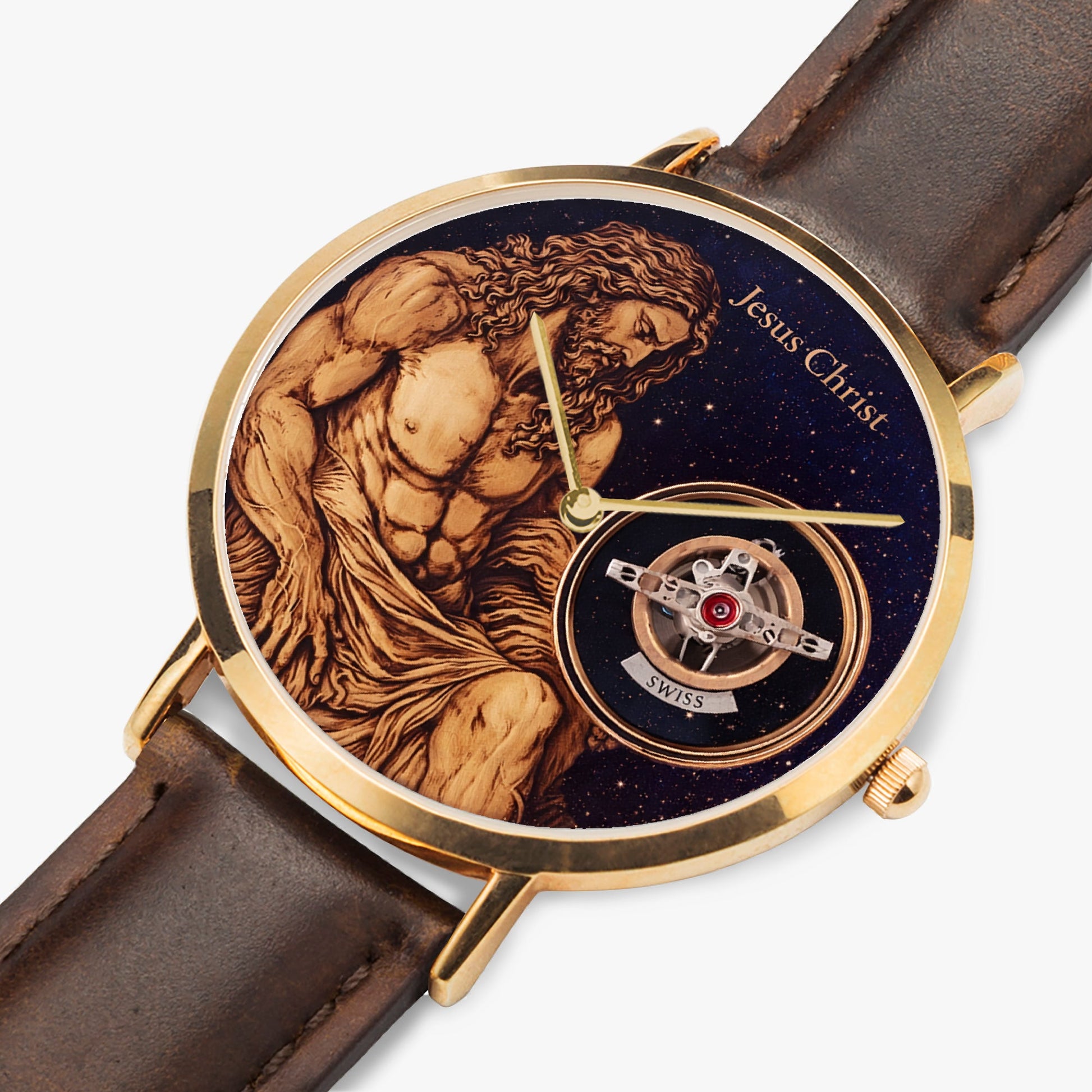 Jaycoh™Jesus Christ Son Of God Time Piece 161. Ultra-Thin Leather Strap Quartz Watch (Rose Gold) | Print-on-Demand Custom Watch - close-up detail | print on demand watch print custom watch